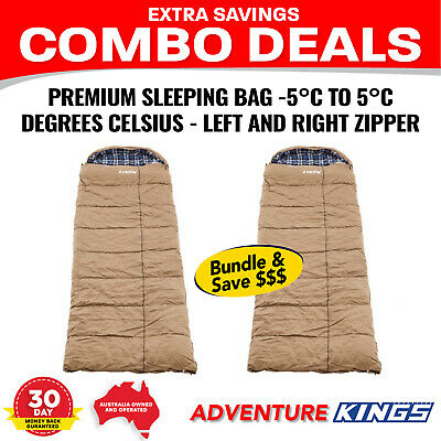 2 x Kings Premium Sleeping bag -5 to +5 Degrees Celsius - Left And Right Zipper