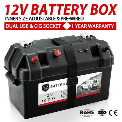 MOBI 12V Battery Box Adjustable Suit AGM GEL LifePO4 2x USB & Cig Socket